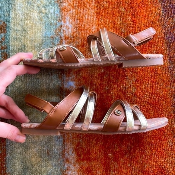 Brand New Michael Kors Luggage & Metallic Gold Multi Strap Logo Sandals - Picture 7 of 12